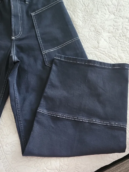 Everlane The Gardener Navy High-Rise Wide Leg Pants with White Stitching - Picture 3 of 7